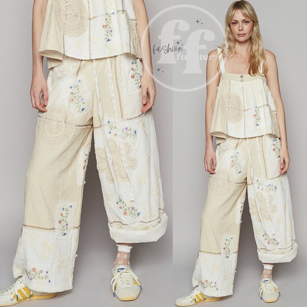 POL Floral Embroidered Wide Leg Crochet Lace Patchwork Pants in Natural Cream